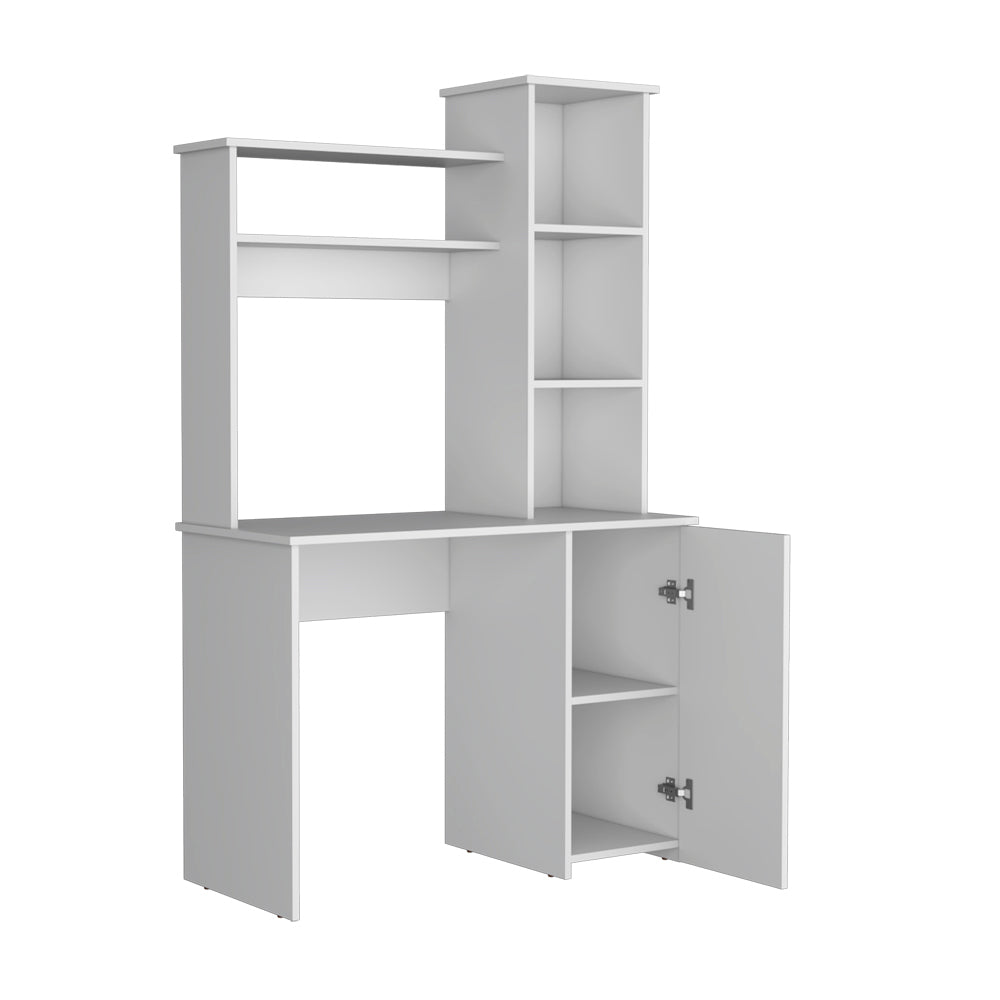 Elegant White Office Desk with Integrated Hutch and Versatile Storage Options