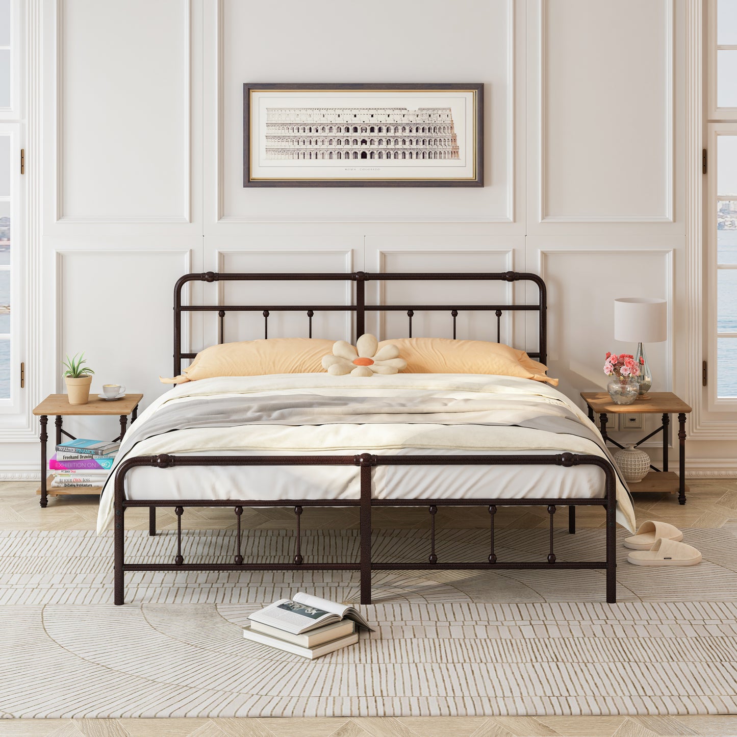 King Size Metal Platform Bed Frame with Victorian Style Wrought Iron-Art Headboard/Footboard, Deep Rustic Brown