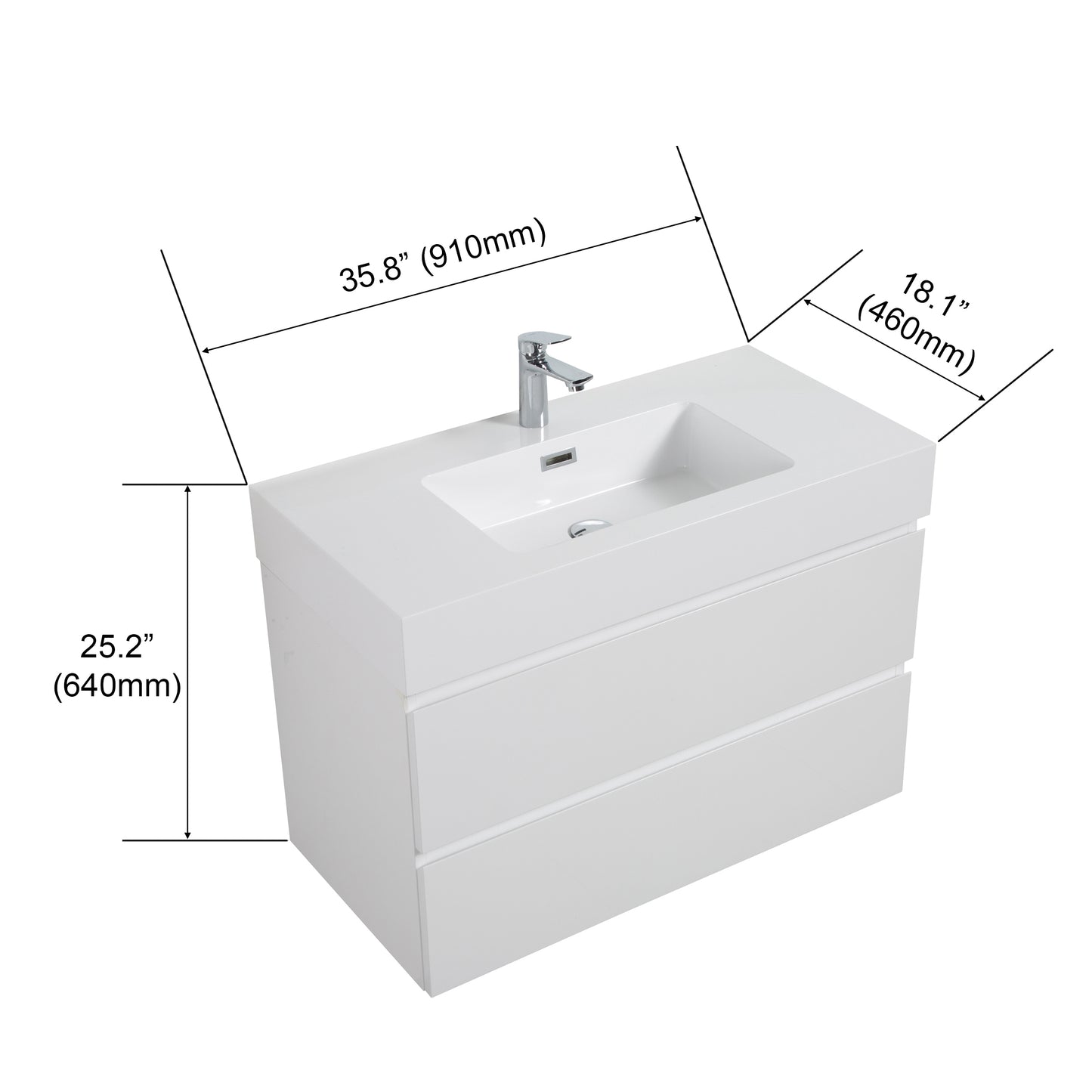 Alice 36" White Bathroom Vanity with Sink, Large Storage Wall Mounted Floating Bathroom Vanity for Modern Bathroom, One-Piece White Sink Basin without Drain and Faucet