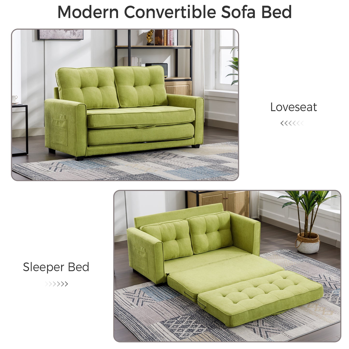 Loveseat Sofa with Pull-Out Bed, Green Chenille Upholstery