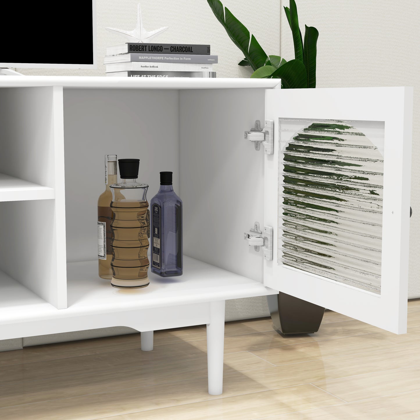 White TV Stand with Drawers, Shelves, and Glass Cabinet for Living Room Storage