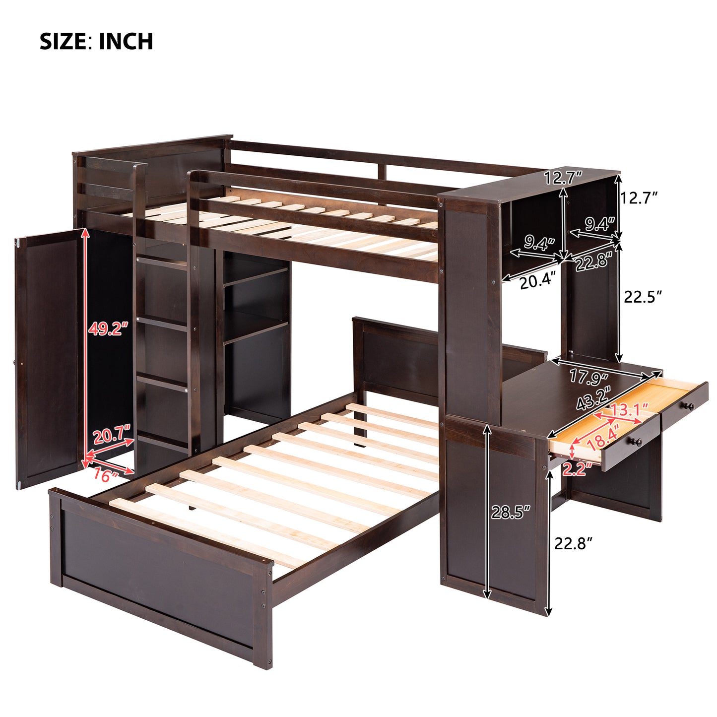 Twin size Loft Bed with a Stand-alone bed, Shelves,Desk,and Wardrobe-Espresso