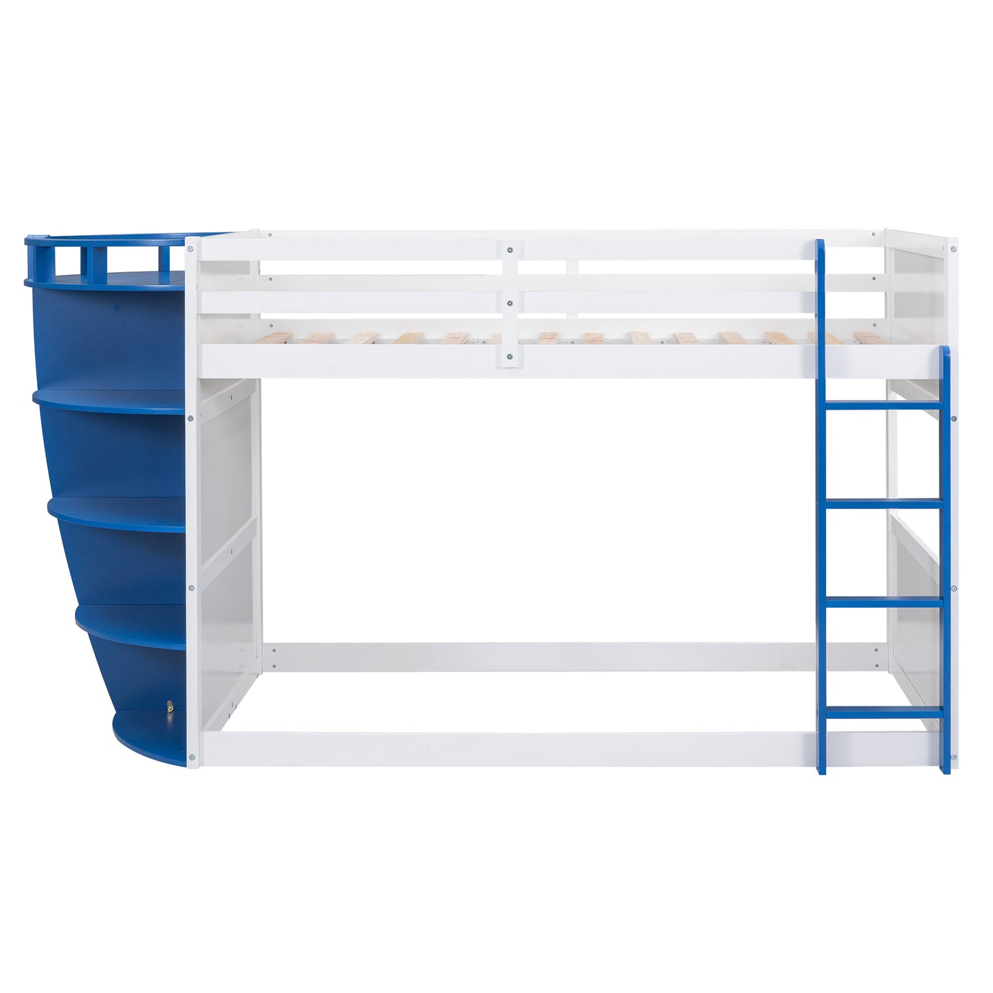 White and Blue Boat-Inspired Twin over Twin Bunk Bed with Storage Shelves