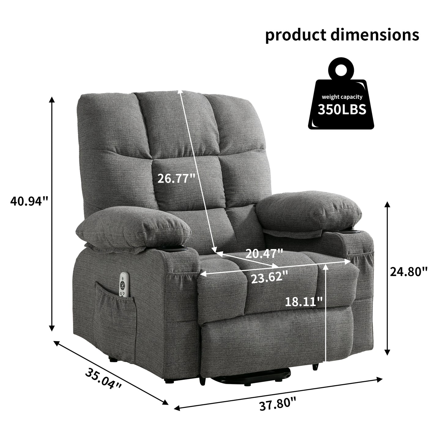 Comfortable Smoke Grey Power Lift Recliner Chair for the Elderly with Heat and Massage