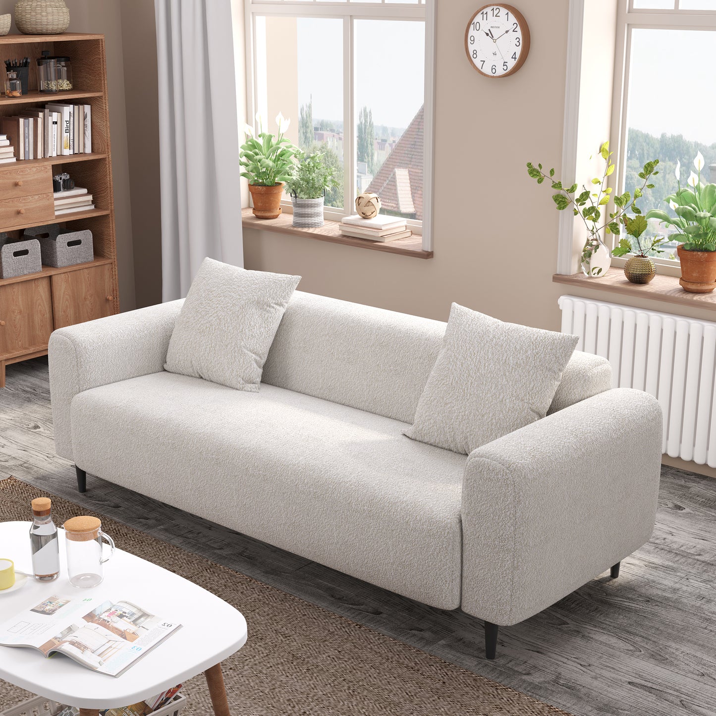 Spacious 77.2″ Modern Two-Seat Sofa in White Mohair Granular Velvet