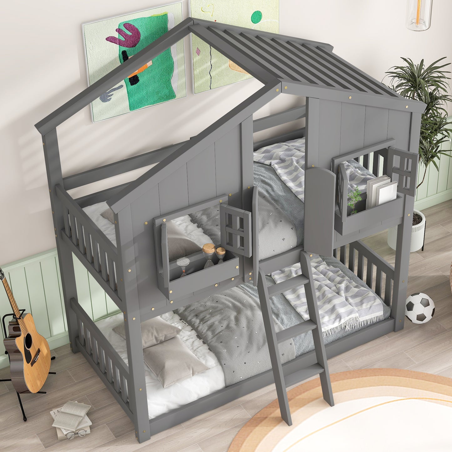 Imaginative Grey Twin House Bunk Bed with Woodland Charm