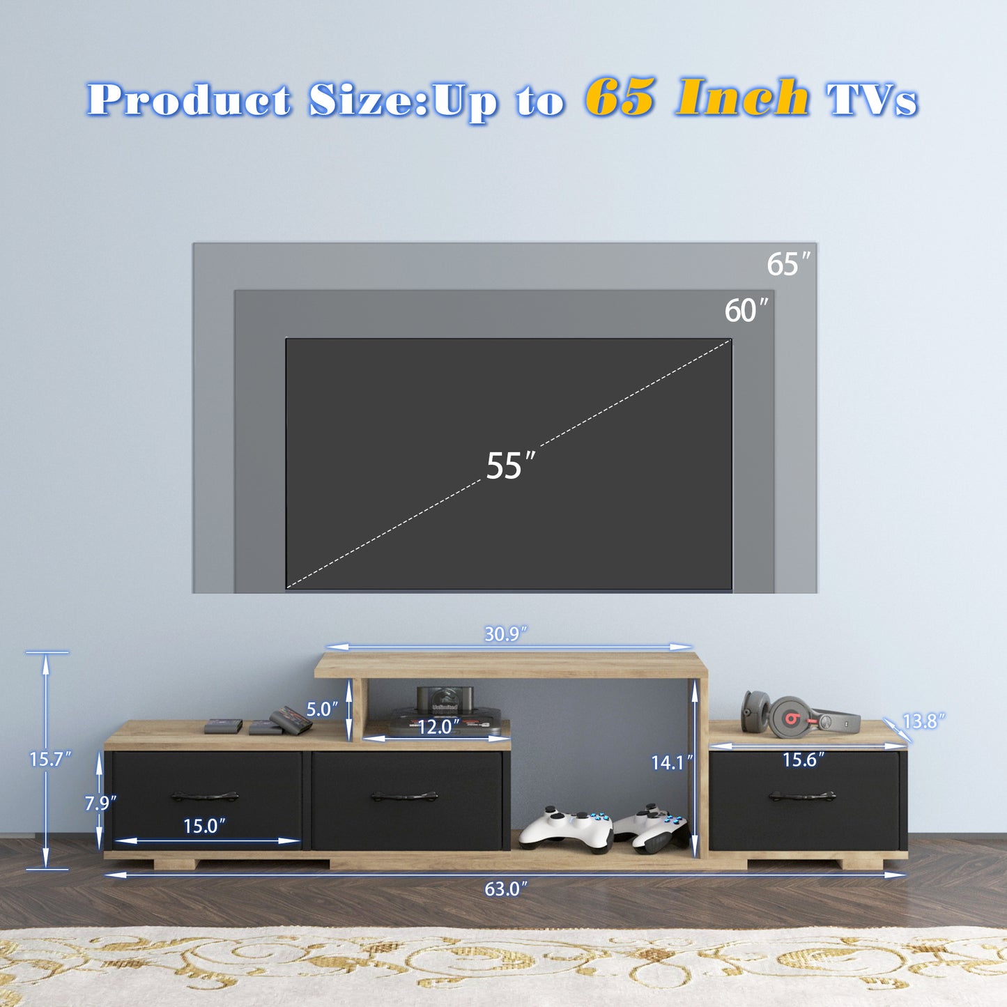 Elegant Light Brown and Black TV Stand with Foldable Fabric Drawer