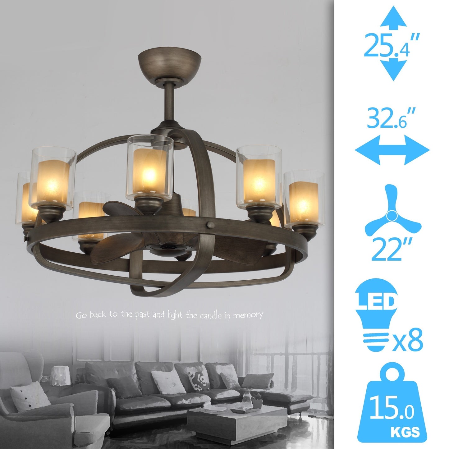 32.6 in. 32W LED light bulb ceiling fan with double glass shade and mountain character design