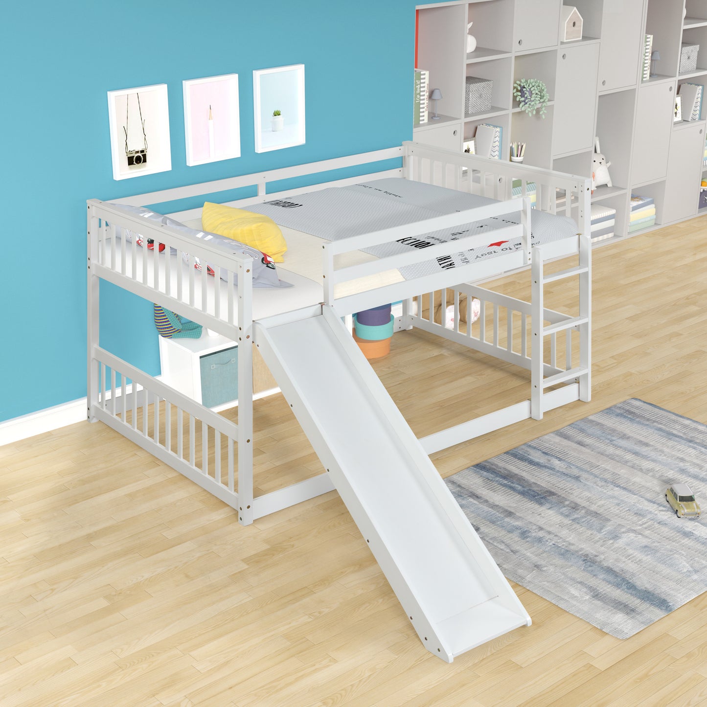 Full over Full White Bunk Bed with Slide and Ladder