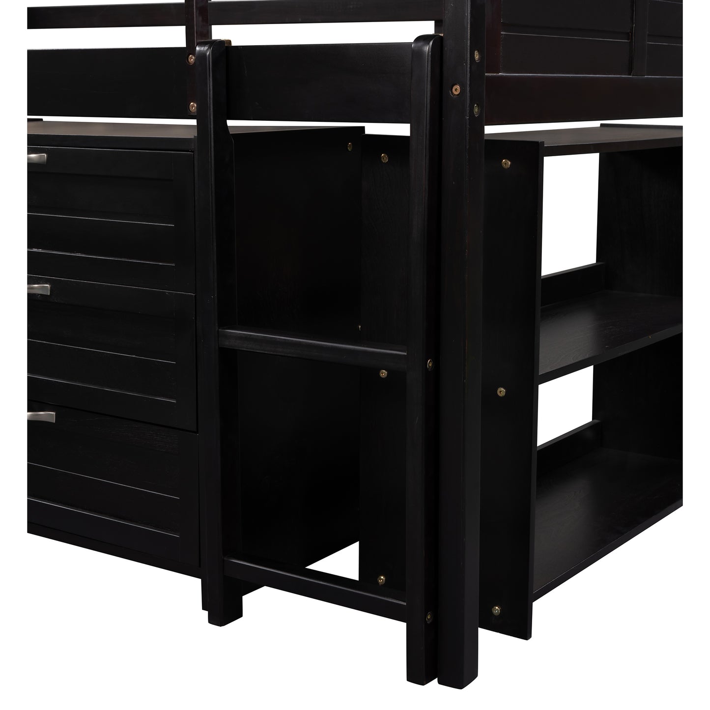 Low Twin Size Loft Bed with Cabinets, Shelves and Slide - Espresso