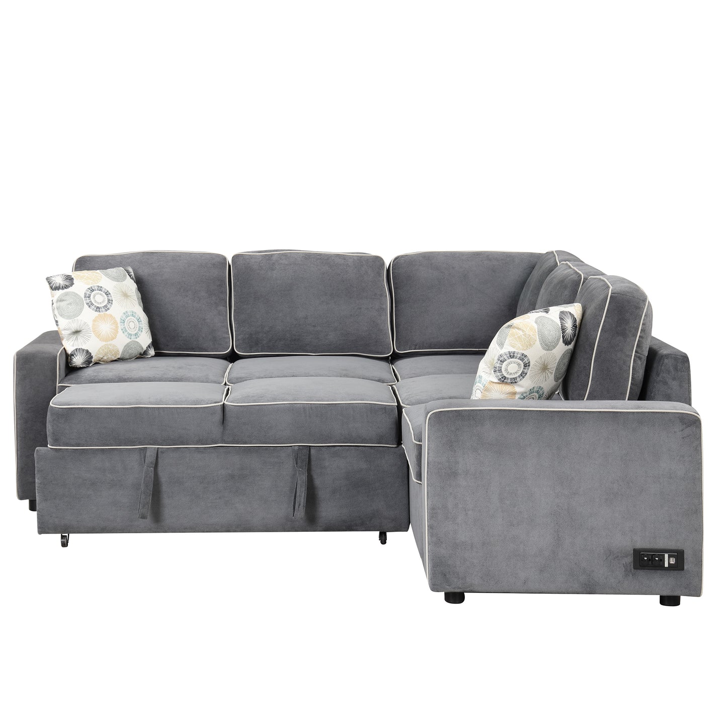 83 L-Shaped Convertible Sleeper Sofa with USB ports, Power Sockets, and Pillows, Gray