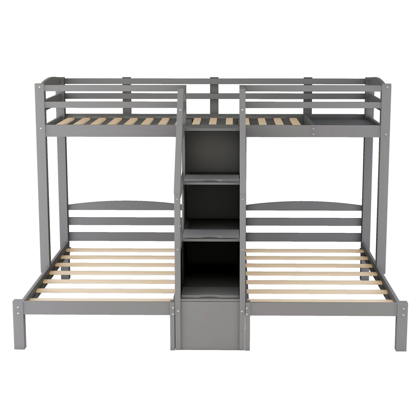 Gray Triple Twin Bunk Bed with Staircase and Storage Drawer