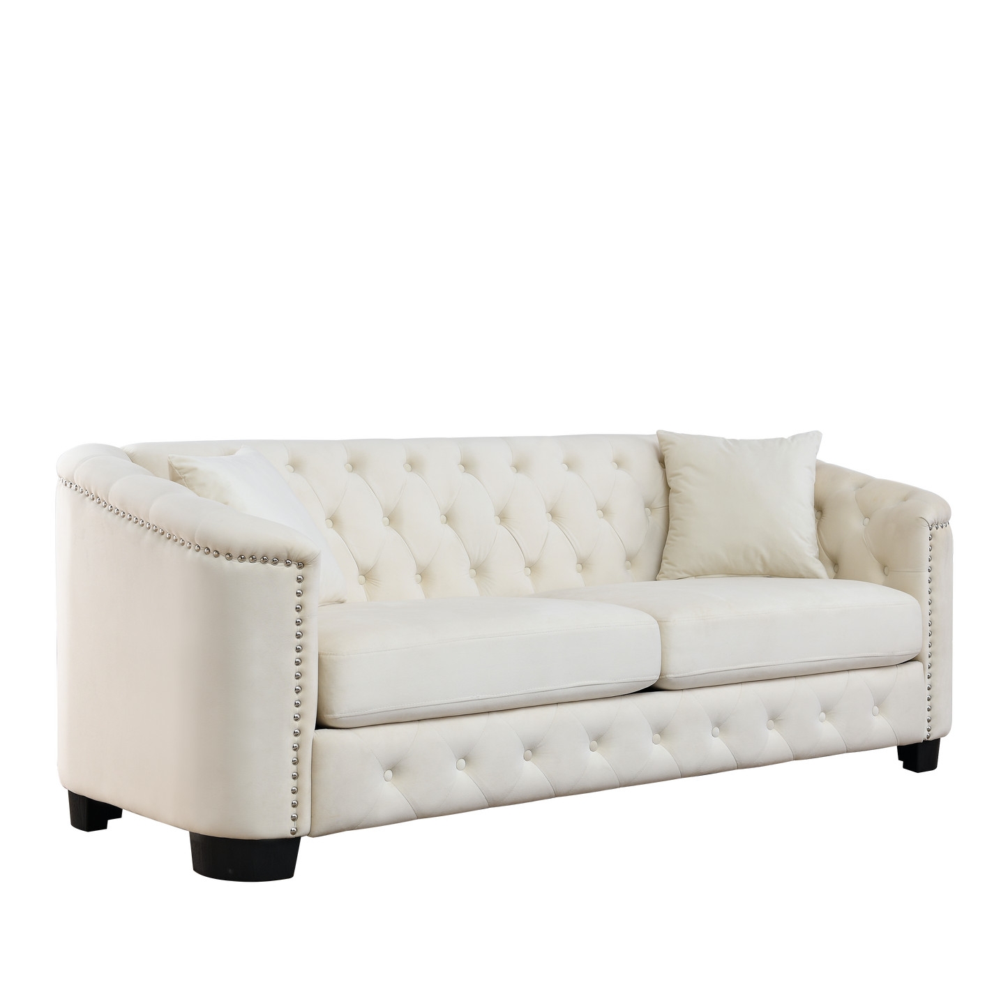 77-Inch Modern Chesterfield Velvet Sofa with Nailhead Arms, Beige