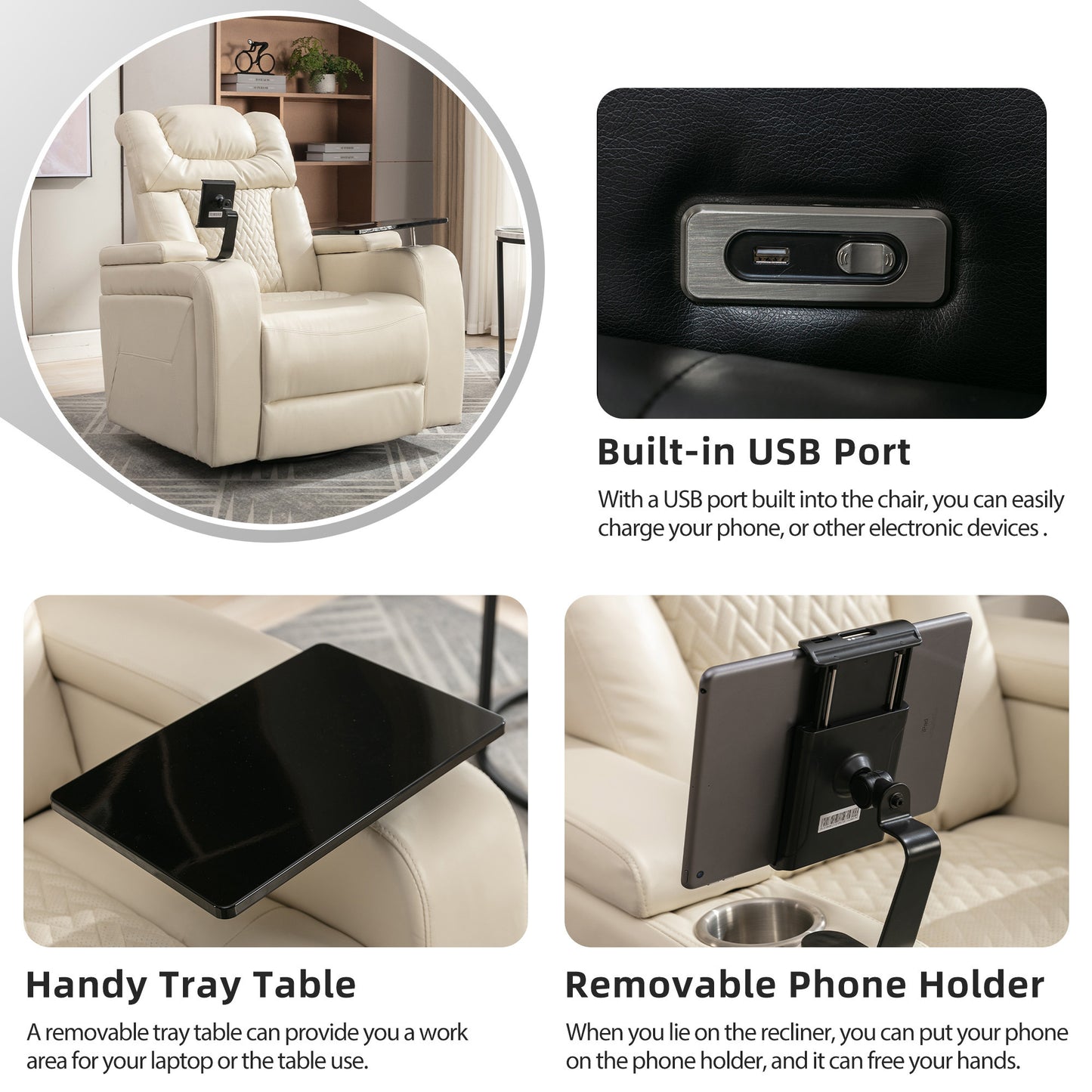 Power Recliner with Swivel, Cup Holder, USB Port, and Tray Table, White