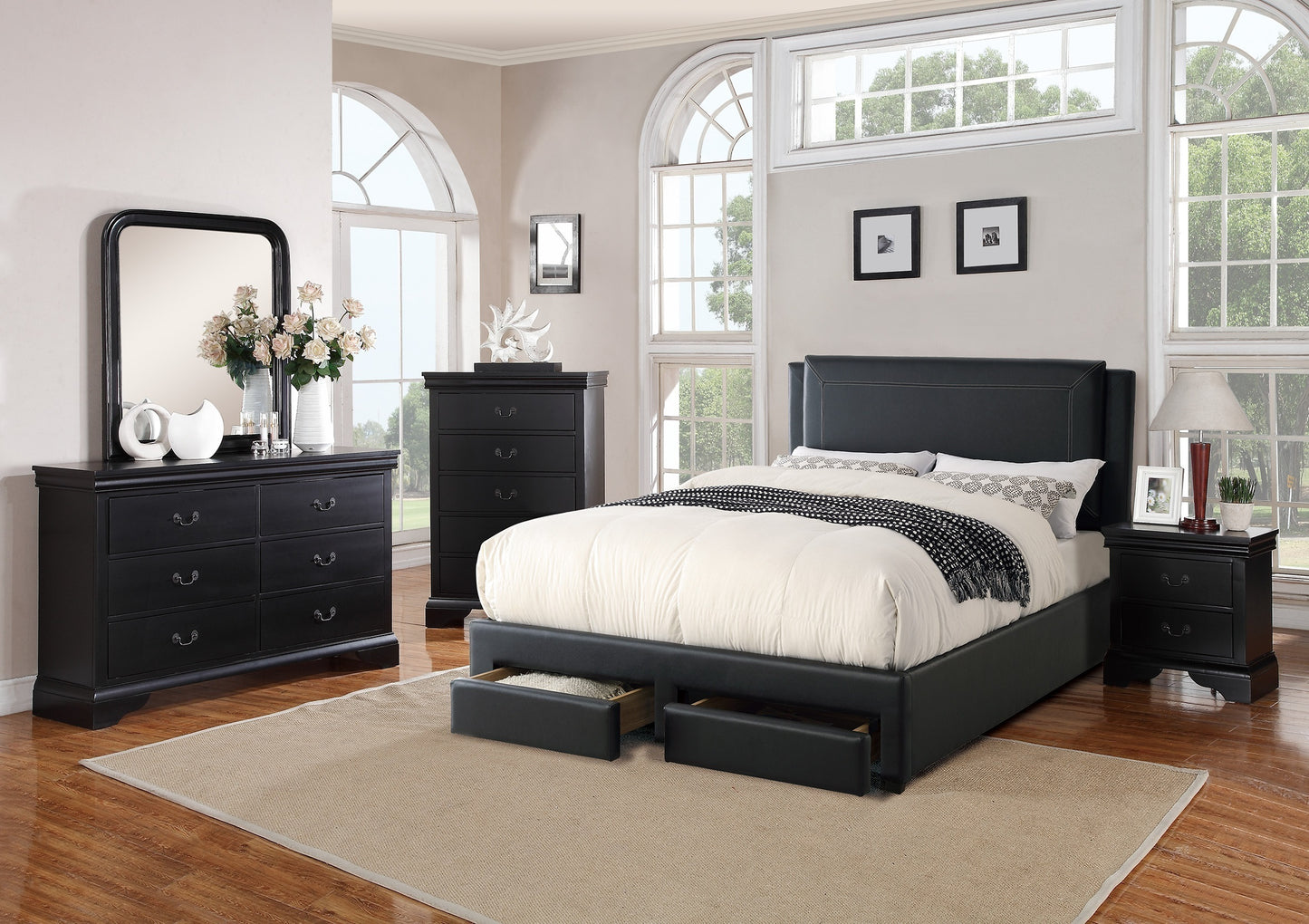 Contemporary Bedroom Furniture Nightstand Black Color 2 x Drawers Bed Side Table Pine wood