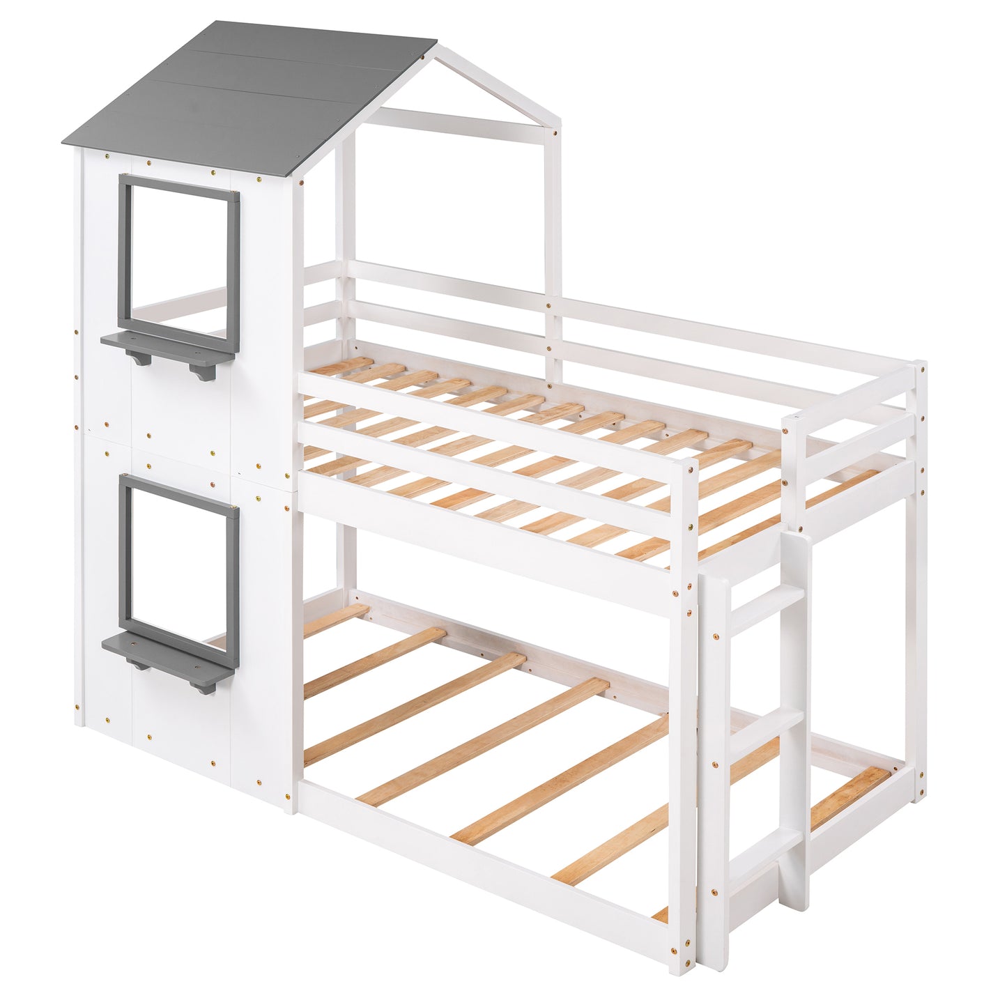 White Wooden Playhouse Bunk Bed with Roof and Guardrail