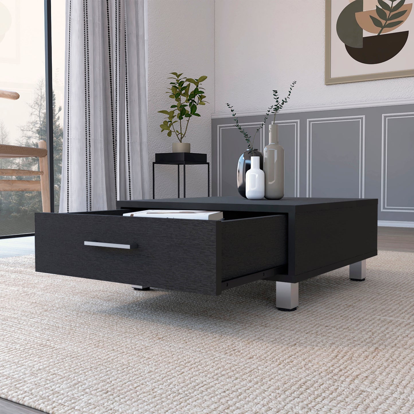 Elegant Black Wengue Coffee Table with Drawer