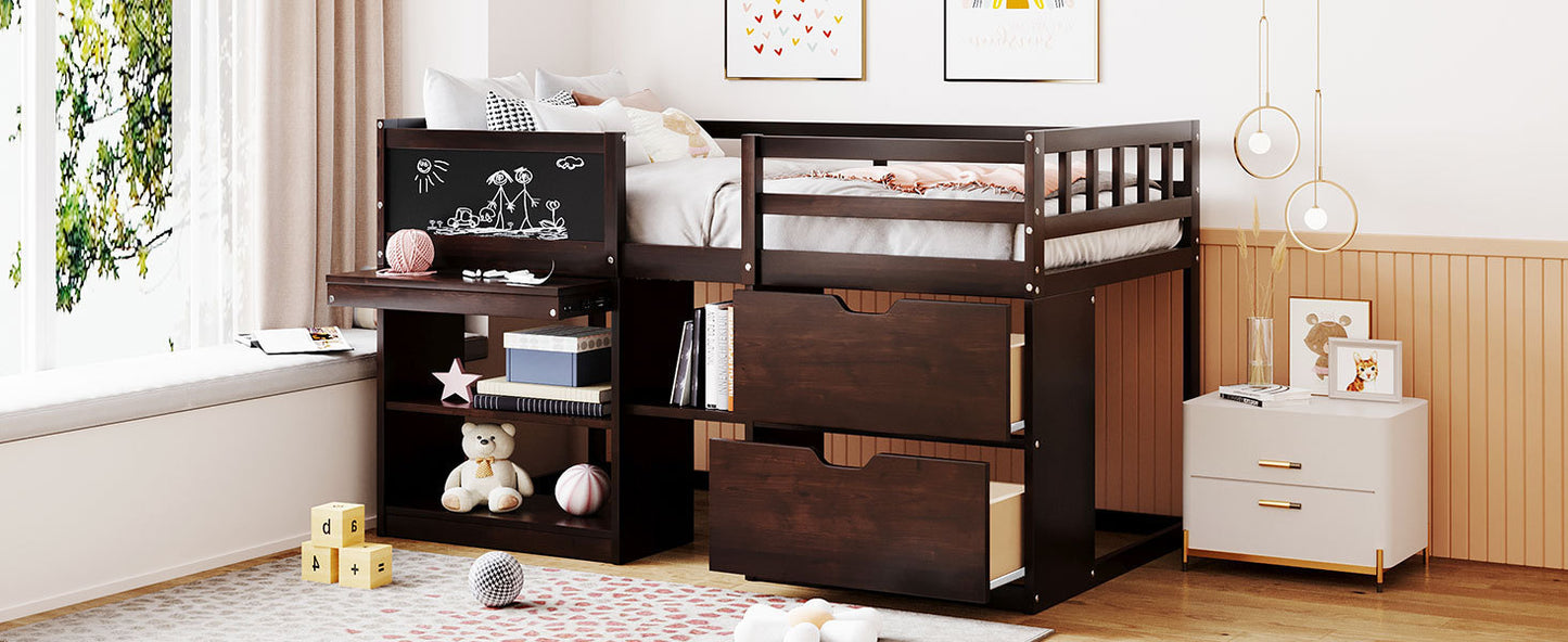 Twin Size Low Loft Bed with Rolling Desk, Shelf and Drawers - Espresso