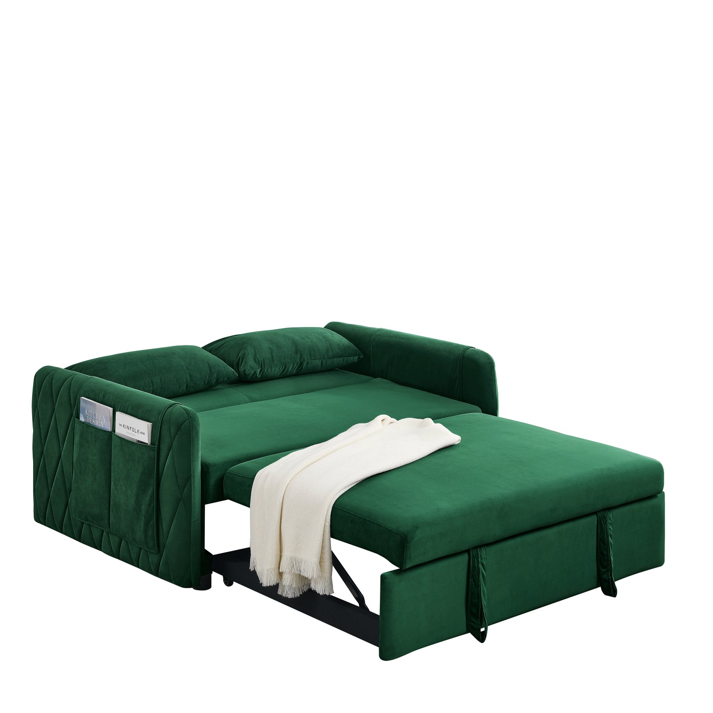 Modern 55 Velvet Convertible Sofa Bed with Adjustable Backrest and Arm Pockets