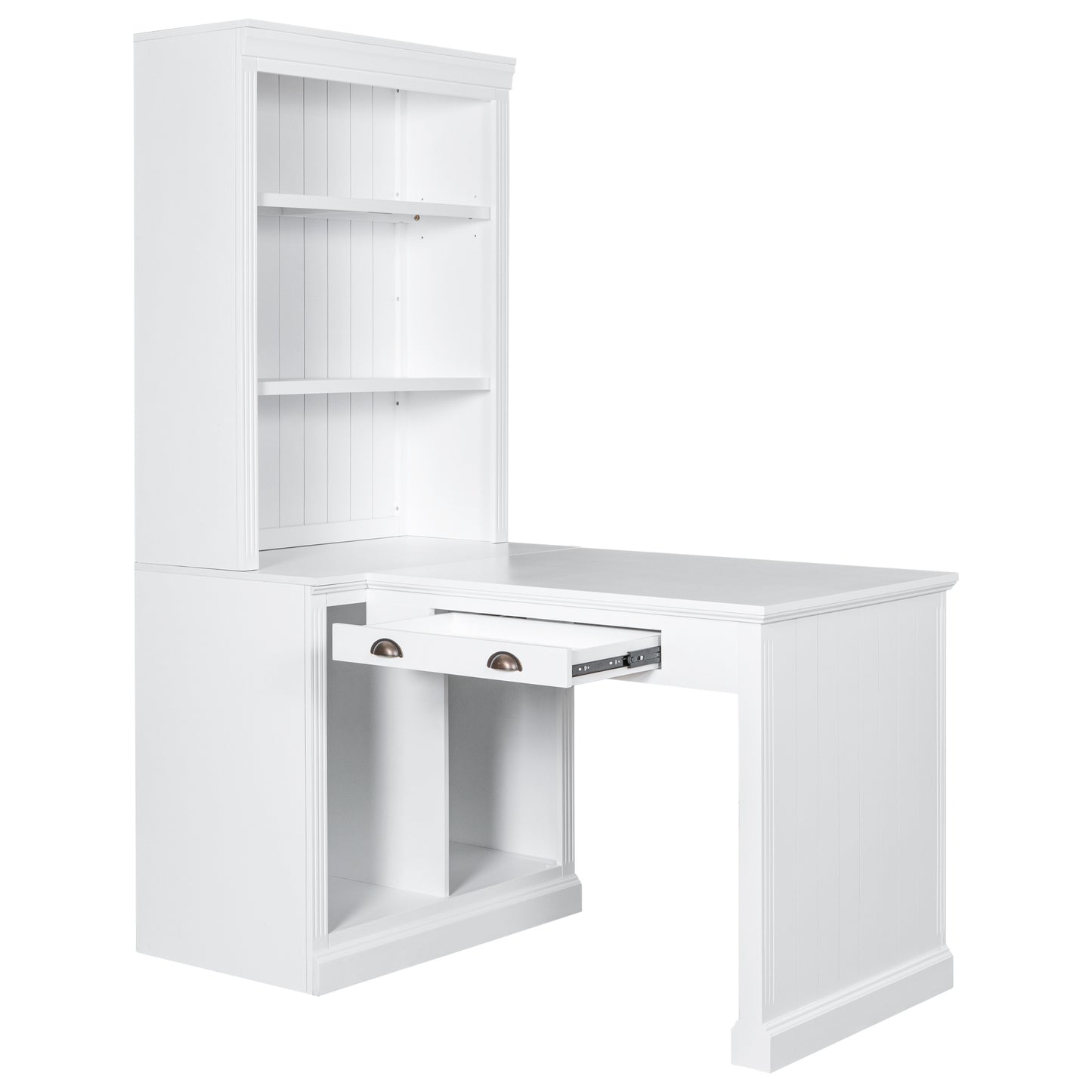 Modern White 83.4 Bookshelf and Writing Desk Suite with LED Lighting and Drawers