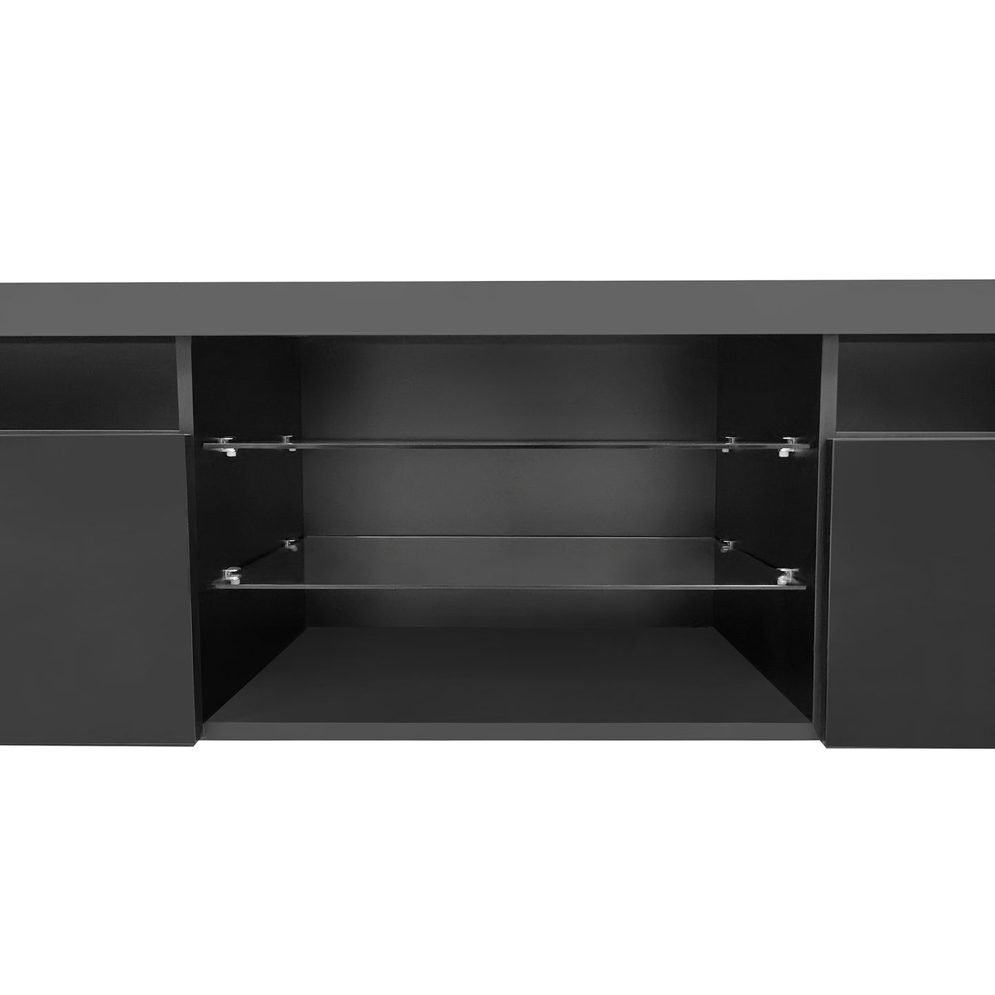 Contemporary Black LED TV Stand with Glass Shelves and Ample Storage Space