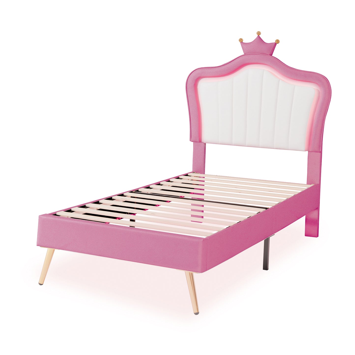 Twin Size Upholstered Bed Frame with LED Lights, Modern Upholstered Princess Bed With Crown Headboard,White+Pink