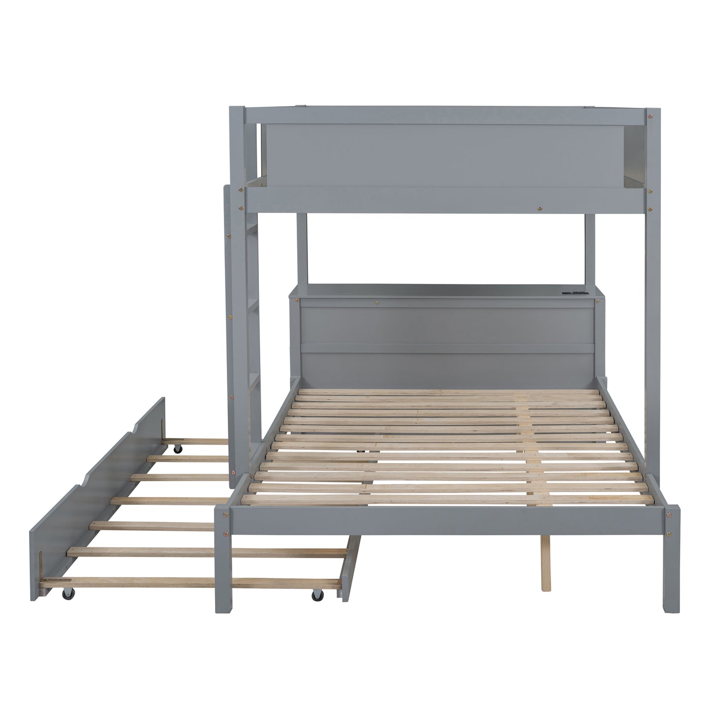 Full-Over-Full Bunk Bed with Twin Trundle, Storage, Desk, and USB Outlets, Gray - Ultimate Space-Saving Solution for Bedroom