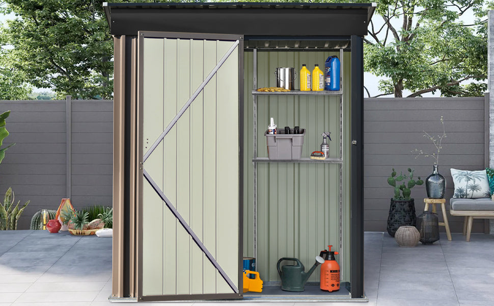 Patio 5ft Wx3ft. L Garden Shed, Metal Lean-to Storage Shed with Adjustable Shelf and Lockable Door, Tool Cabinet for Backyard, Lawn, Garden, Brown