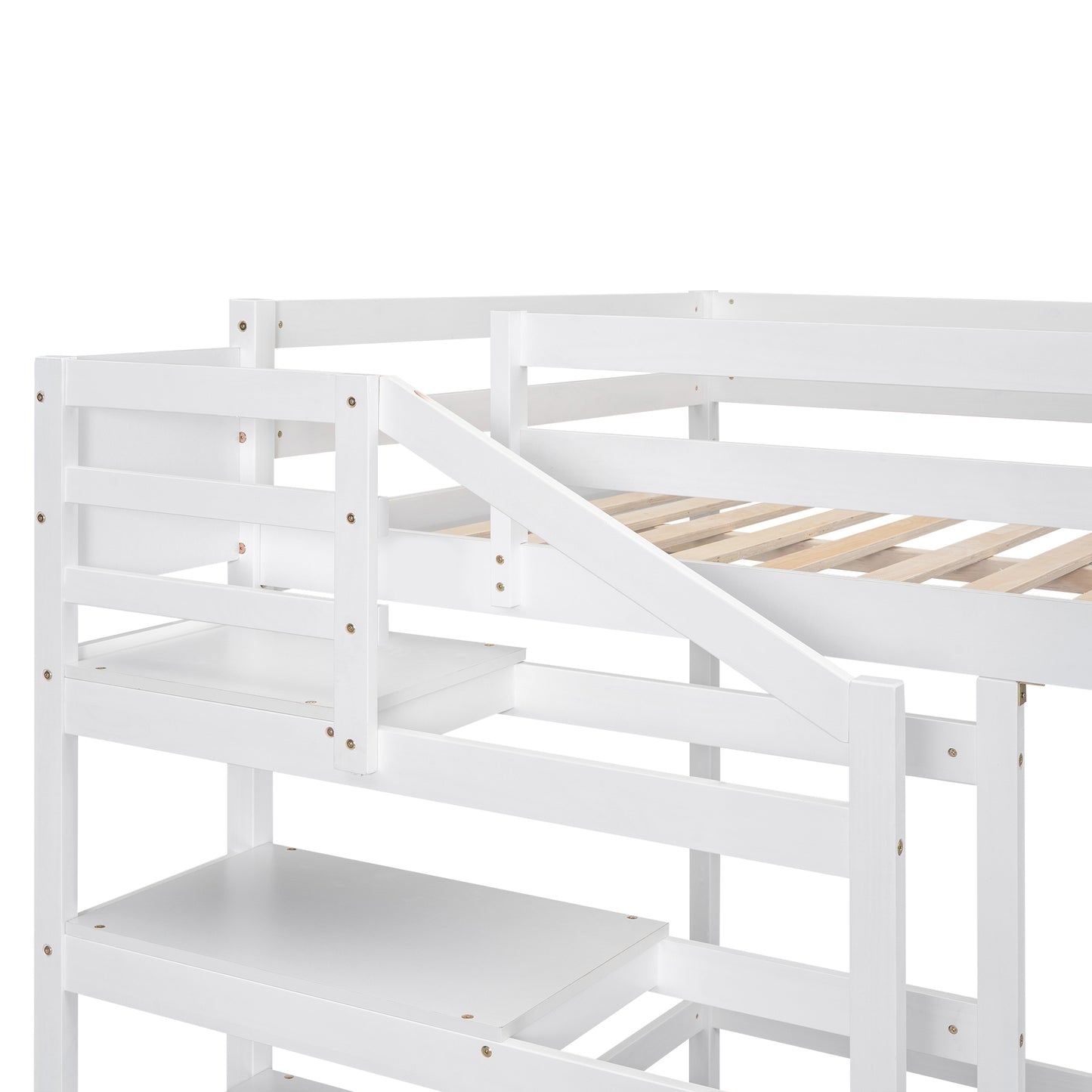 Full Size Loft Bed with Built-in Storage Staircase and Hanger for Clothes, White