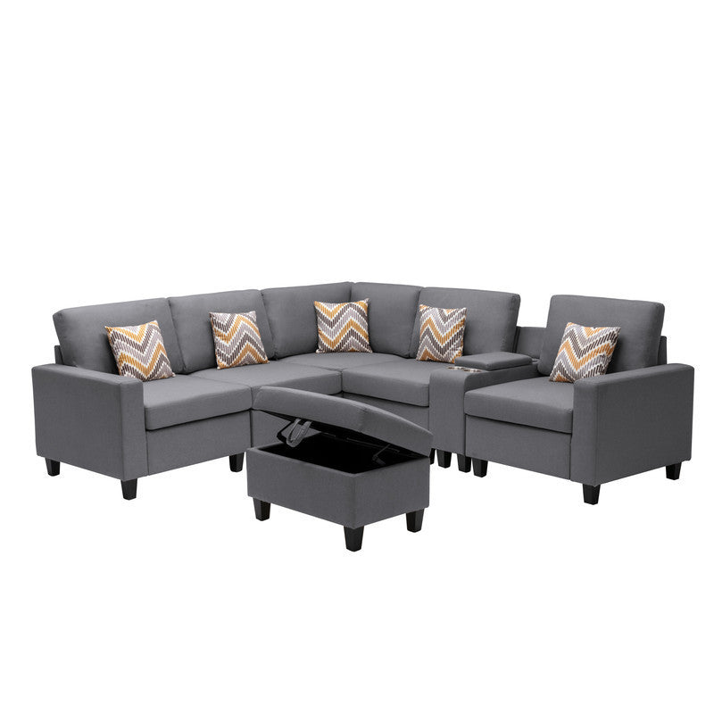 Modular Gray Linen Sectional Sofa Set with Storage Ottoman and Charging Ports