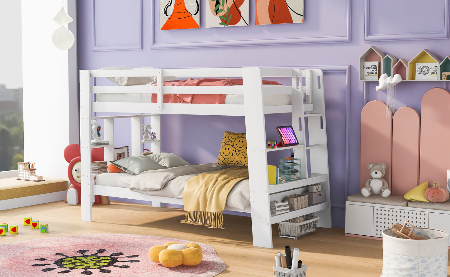 White Bunk Bed with Twin Shelves and Built-in Ladder