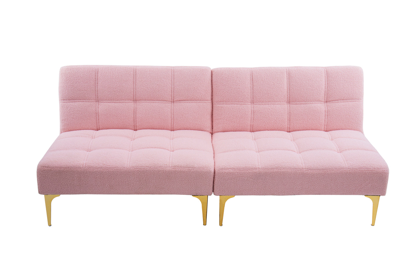 Convertible Pink Teddy Fabric Sofa Bed with Gold Metal Legs