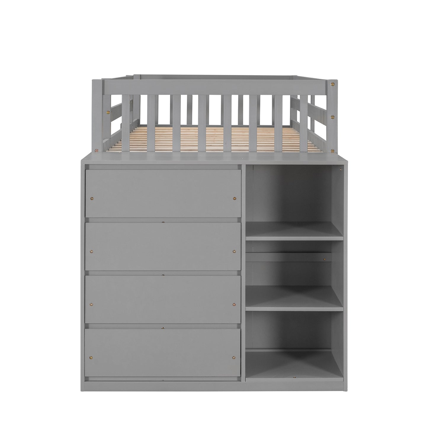 Space-Saving Gray Twin Bunk Bed with Storage and Built-in Shelves for Twin over Twin Configuration