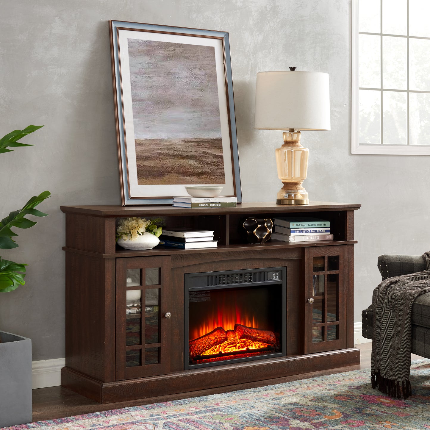 Modern Espresso TV Stand with Fireplace Insert and Open/Closed Storage for TVs Up to 65