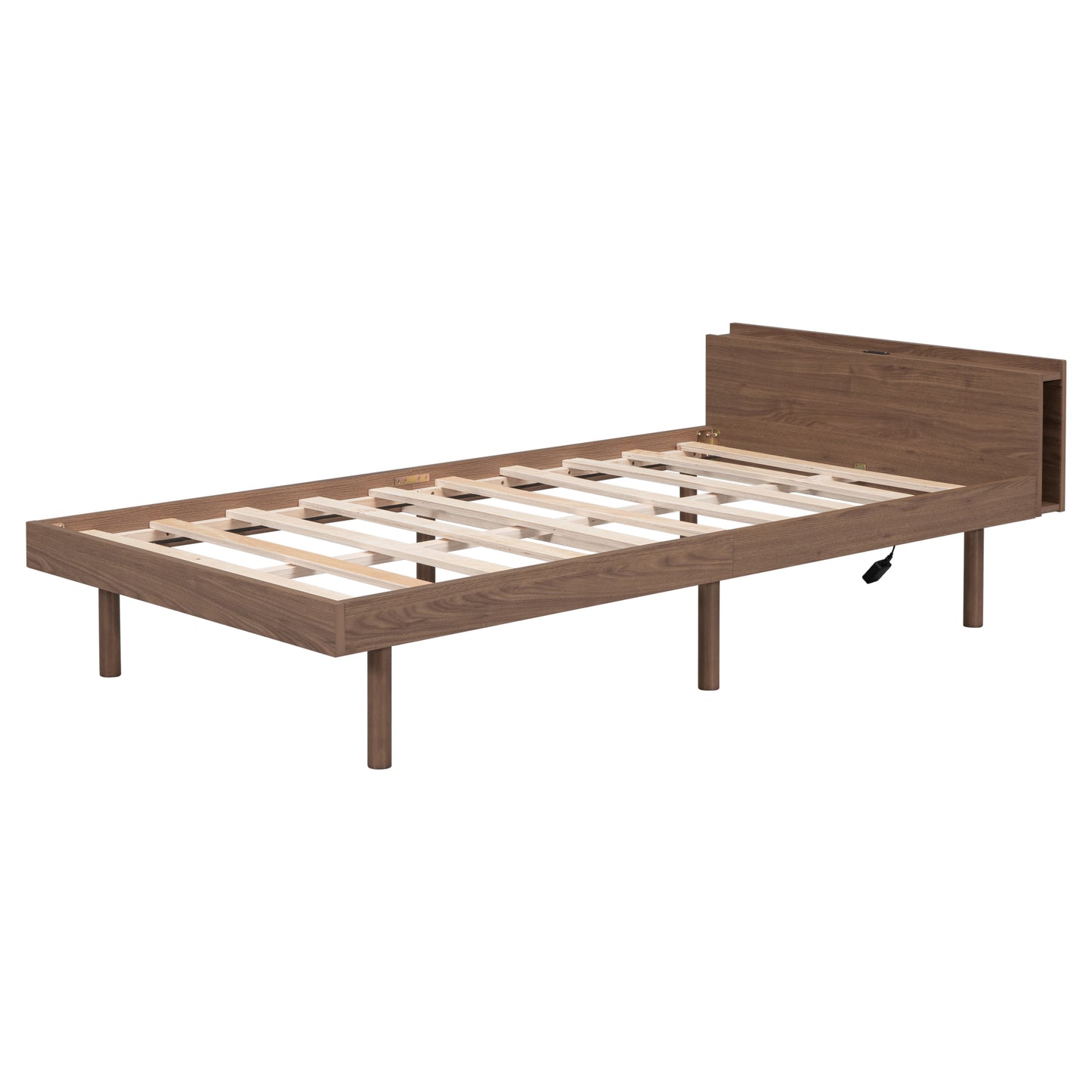 Modern Design Twin Size Platform Bed Frame with Built-in USB port for Walnut Color