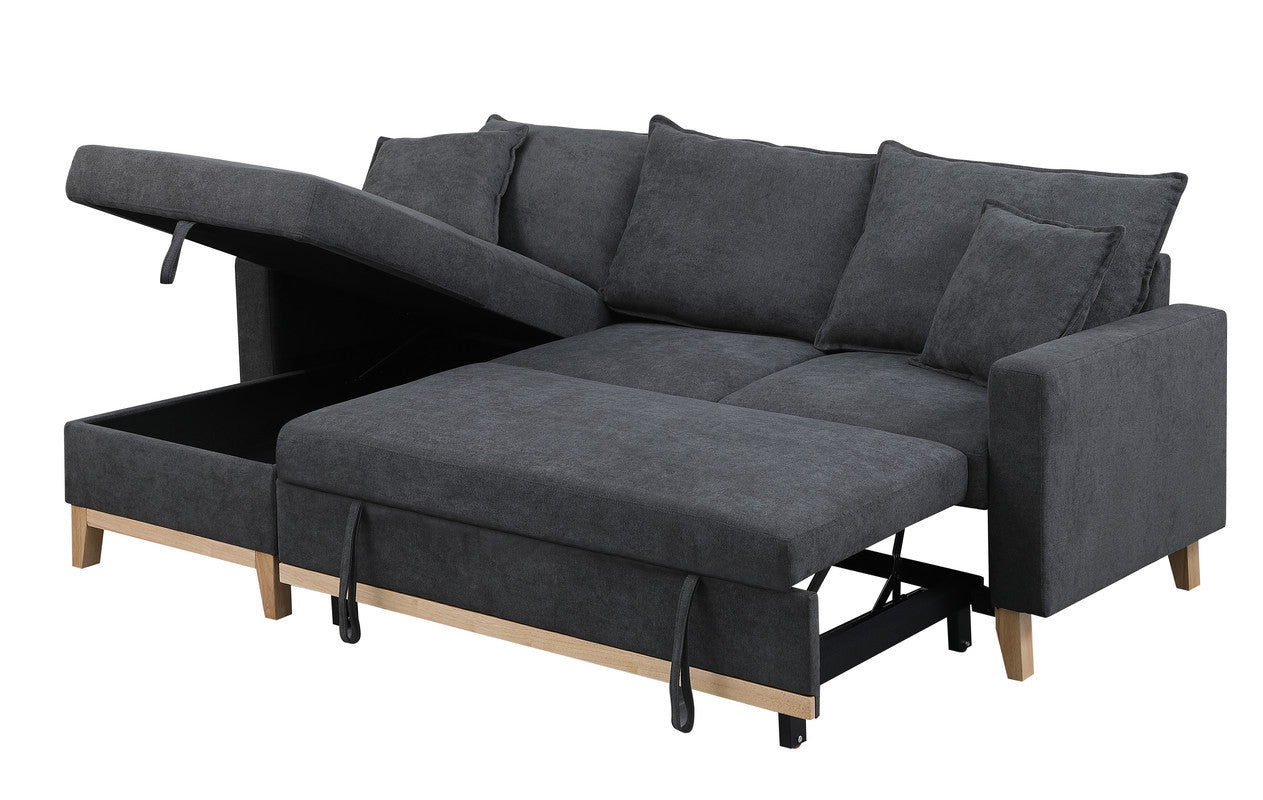 Convertible Dark Grey Upholstered Sleeper Sectional Sofa with Built-In Storage Chaise