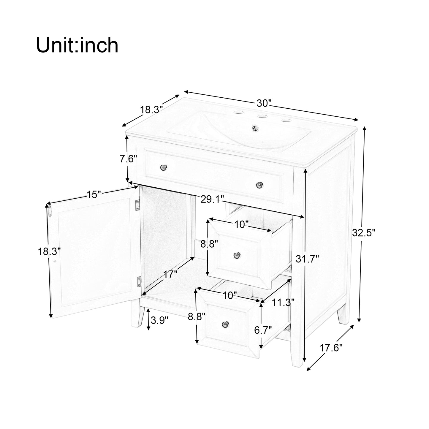 30" Bathroom Vanity with Sink Top, Bathroom Vanity Cabinet with Door and Two Drawers, Solid Wood Frame, One Package, Green