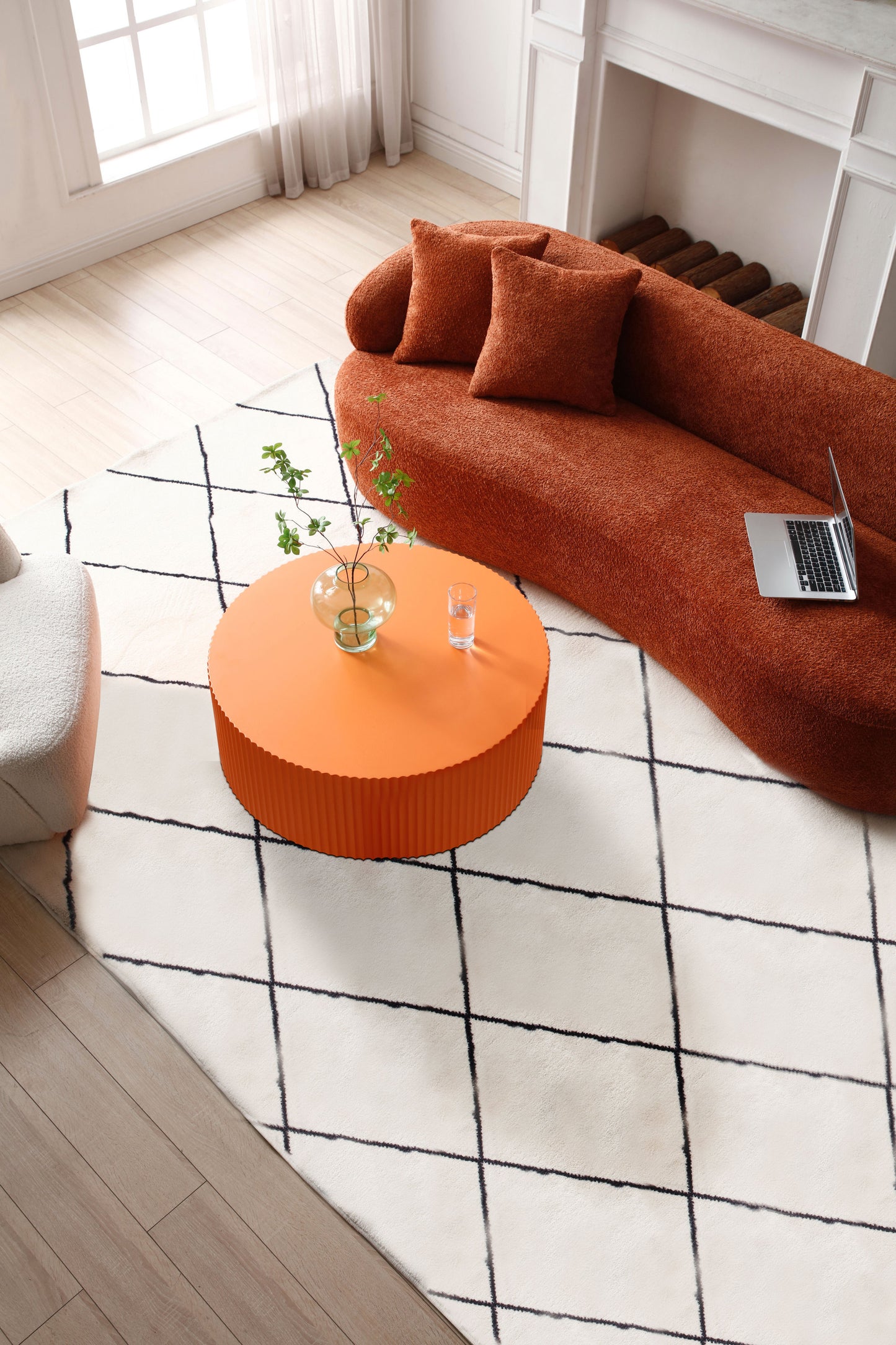 Handcrafted Round MDF Coffee Table with Intricate Relief Design φ35.43inch, Vibrant Orange Color