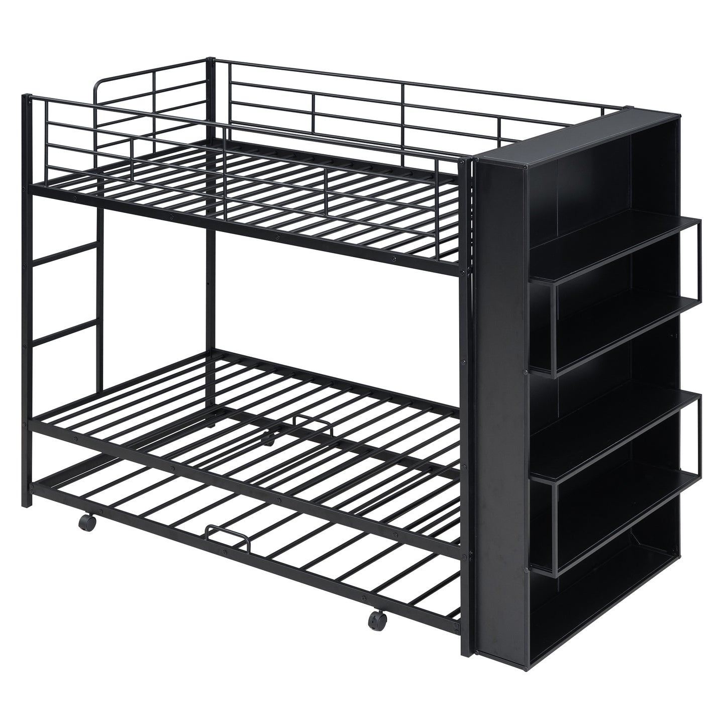 Twin Size Black Metal Bunk Bed with Integrated Bookshelf