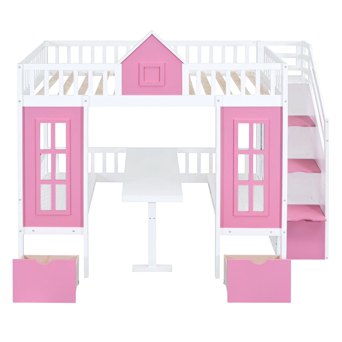 Pink Full-Over-Full Bunk Bed with Multi-Functional Table