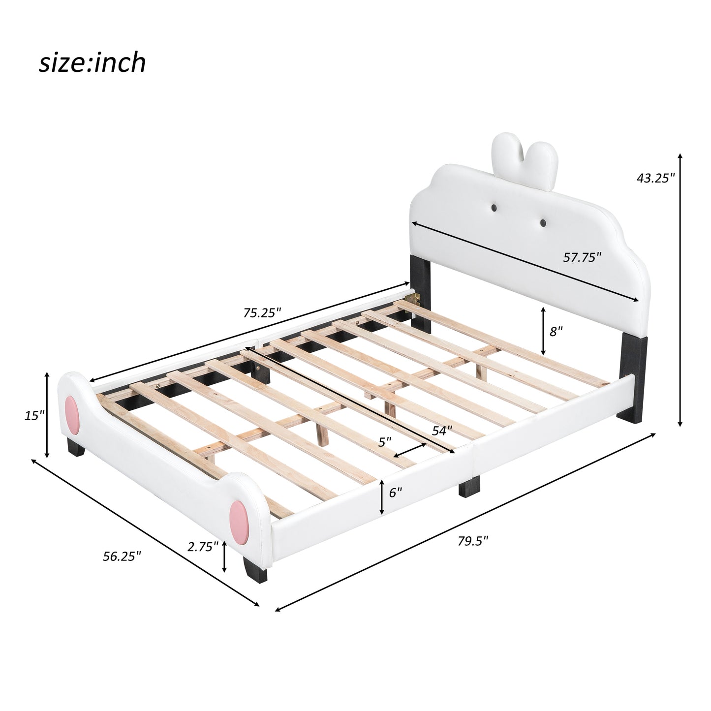 Full Size Upholstered Platform Bed with Cartoon Headboard and Footboard, White+Pink