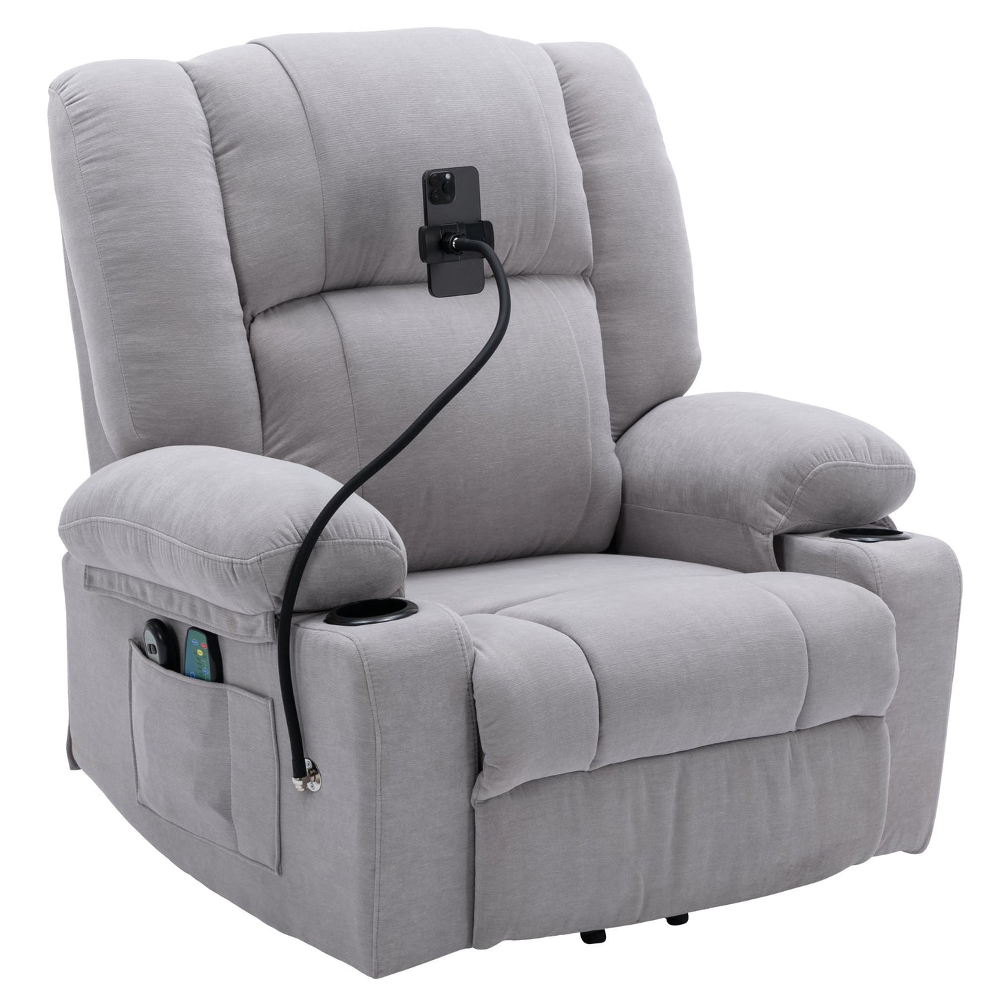 Grey Electric Power Lift Recliner Chair with Massage, Heat, Storage, and Swivel Phone Holder