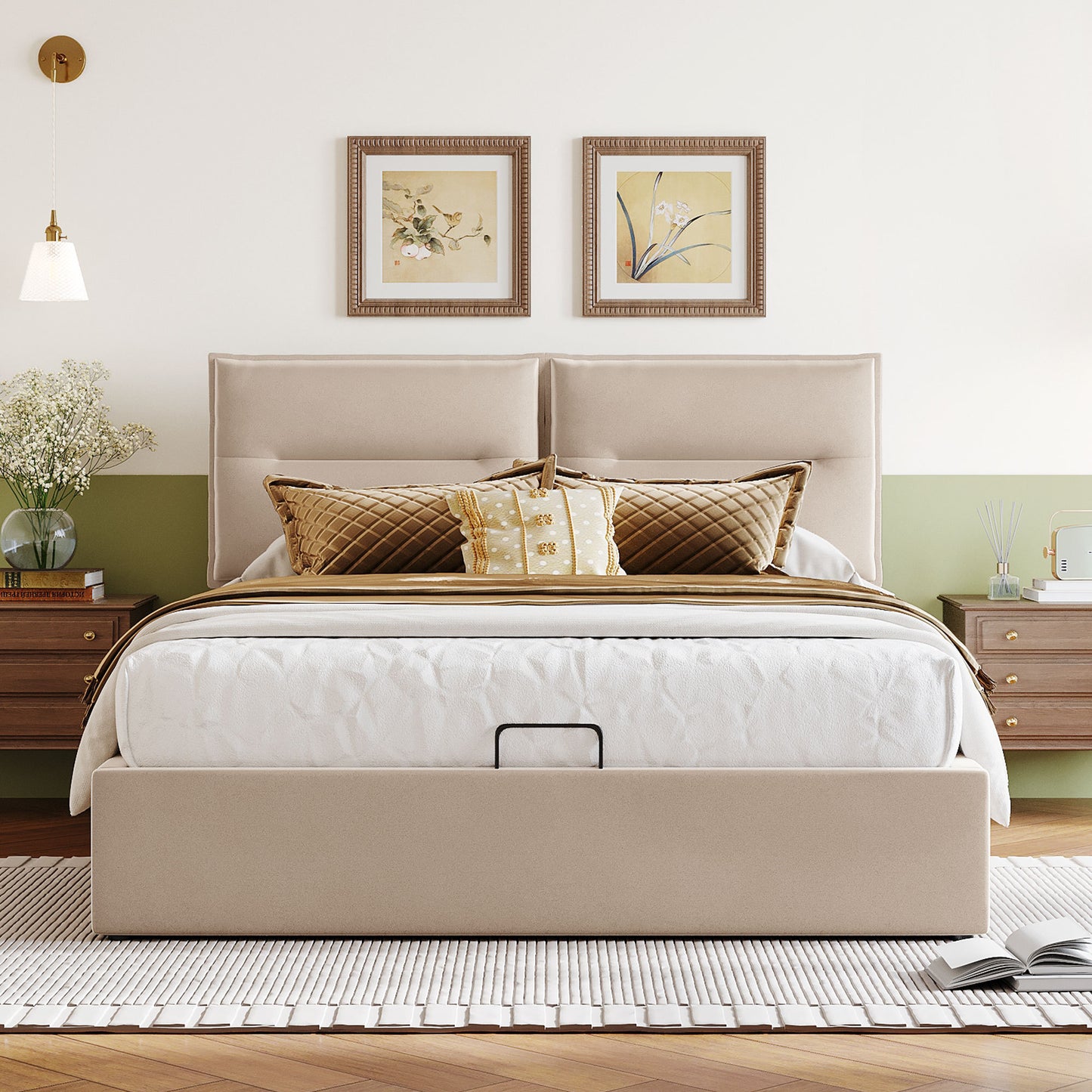 Upholstered Platform bed with a Hydraulic Storage System, Queen size, Beige