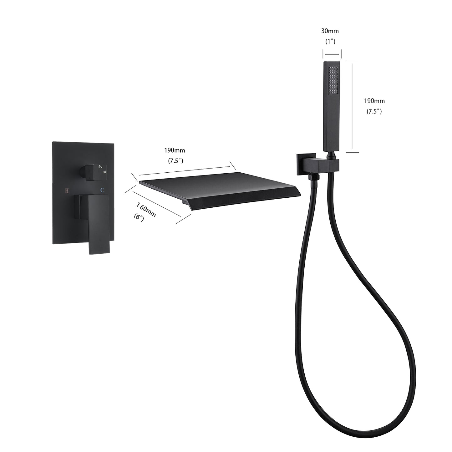 Matte Black Wall-Mount Tub Filler with Handheld Shower Head