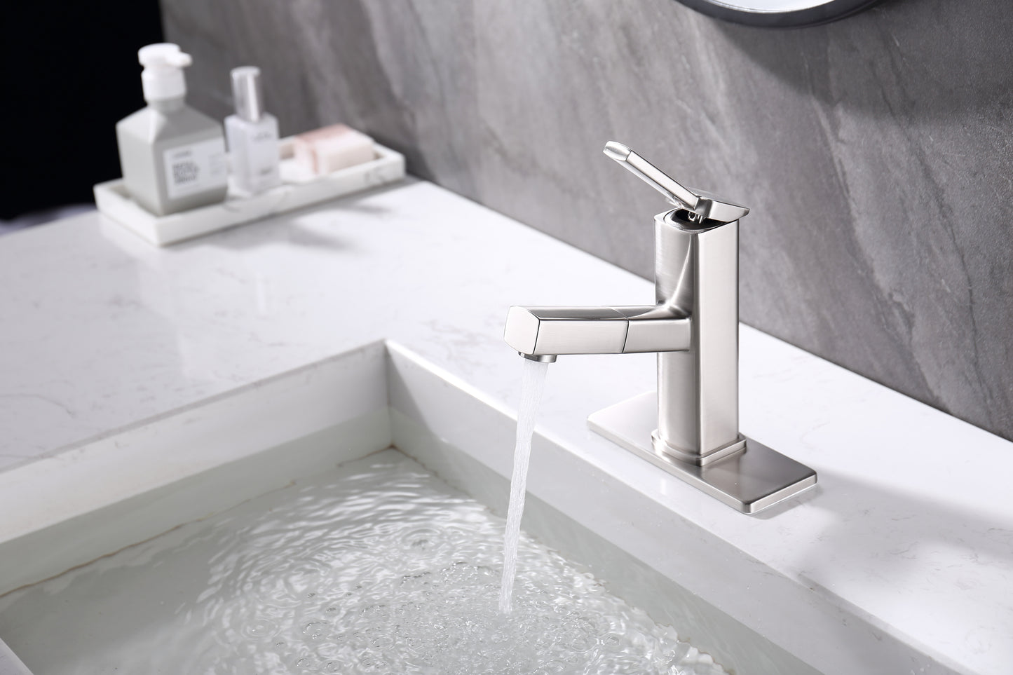 Single Handle Bathroom Sink Faucet with Pull Out Sprayer