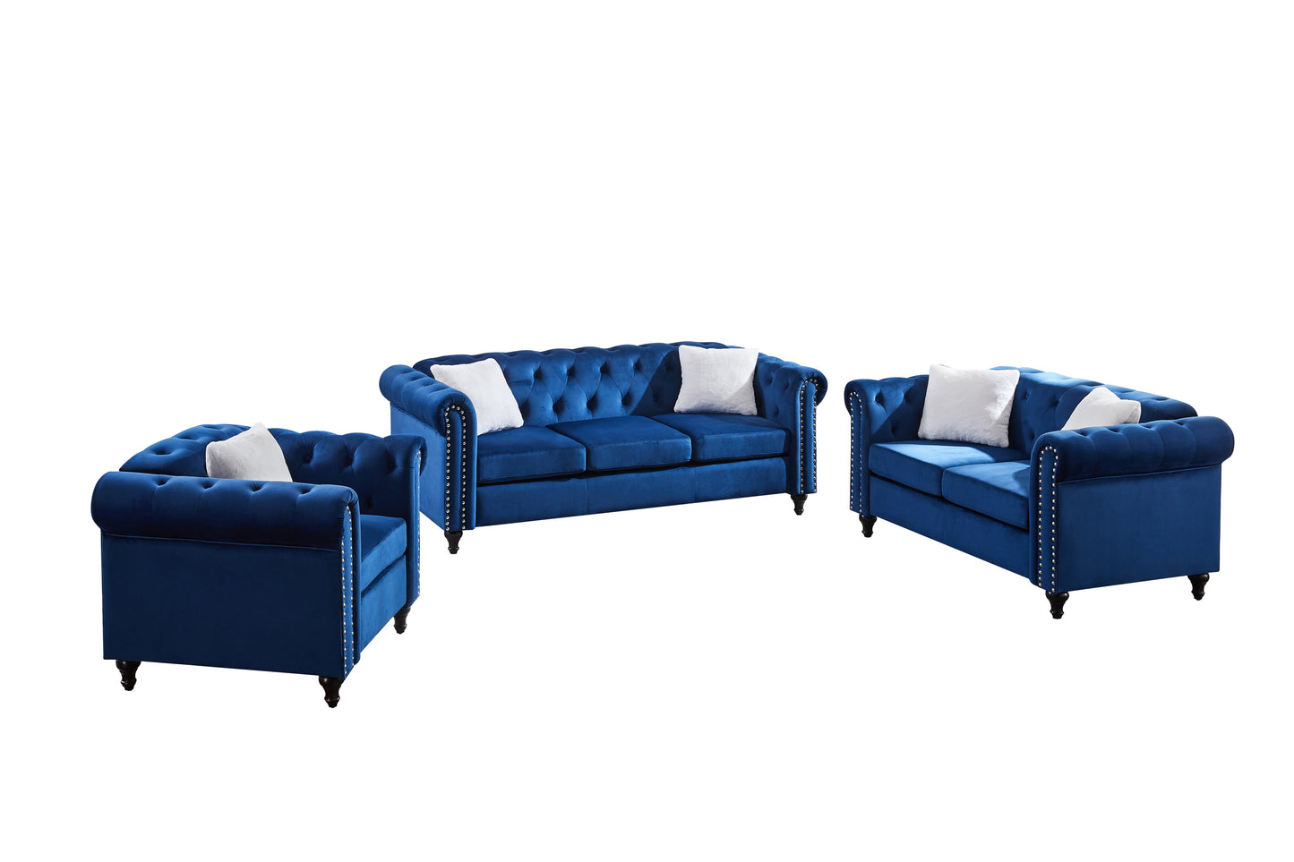 Blue Velvet 3 Piece Living Room Sofa Set with Button Tufting and Copper Nail Accents