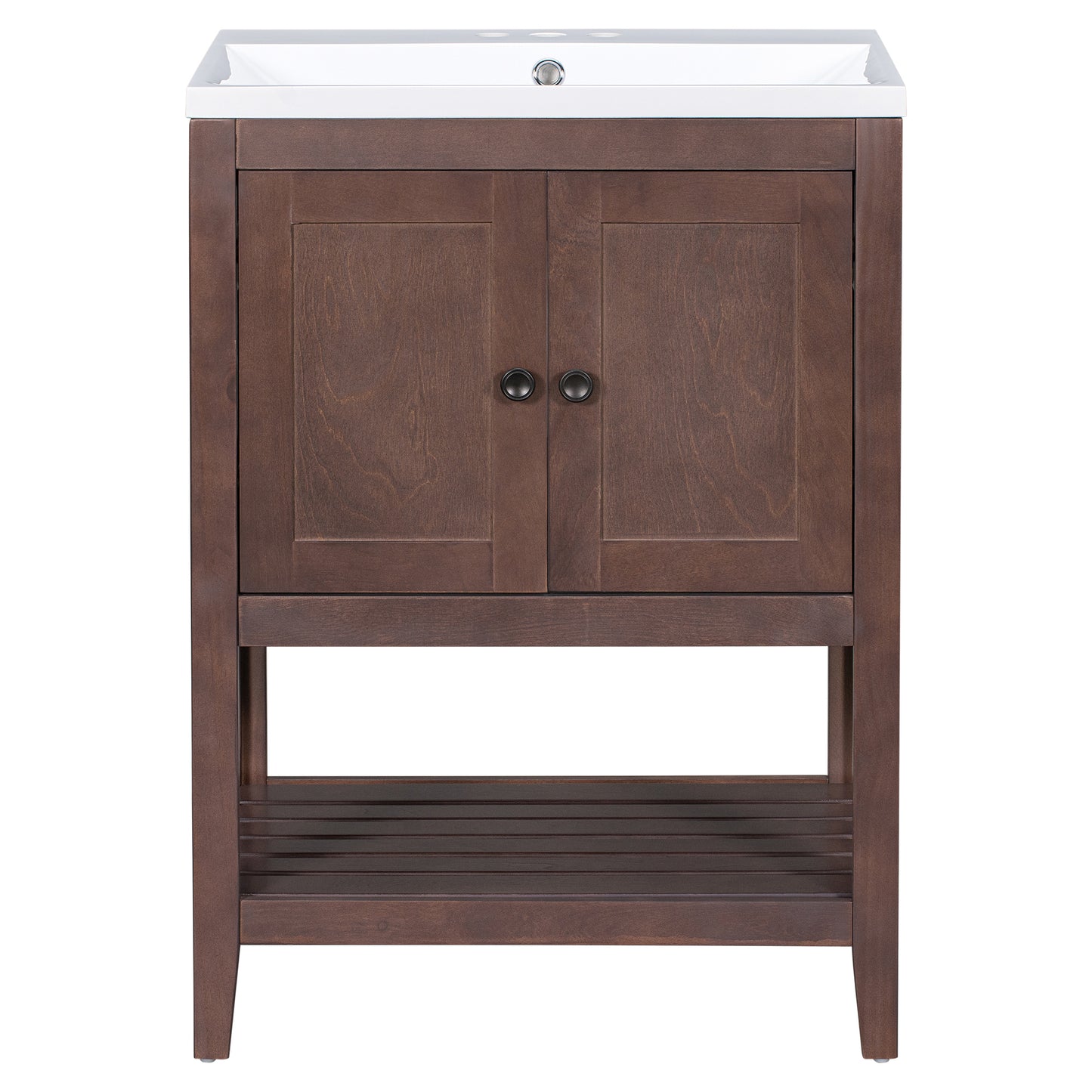 24" Brown Modern Sleek Bathroom Vanity Elegant Ceramic Sink with Solid Wood Frame Open Style Shelf