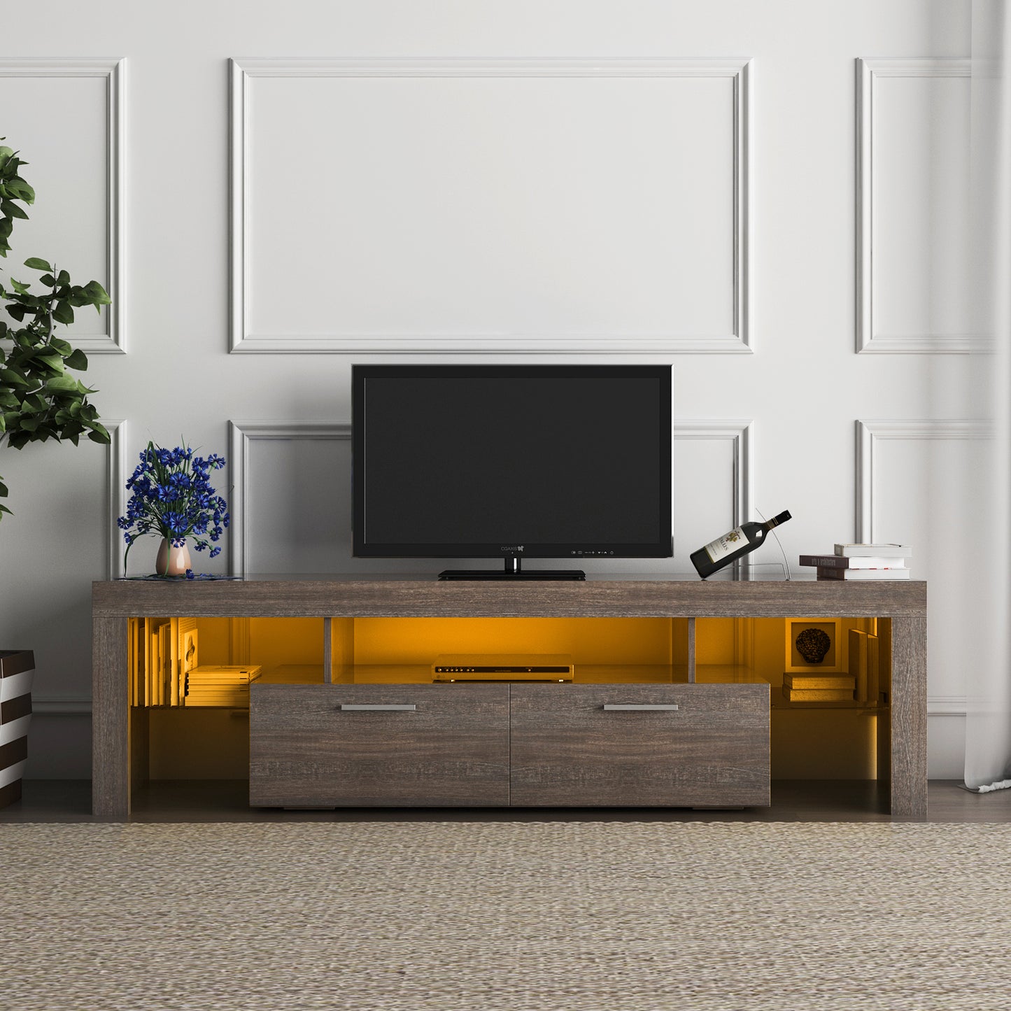 Brown Modern TV Stand with LED Lights & Toughened Glass Shelf