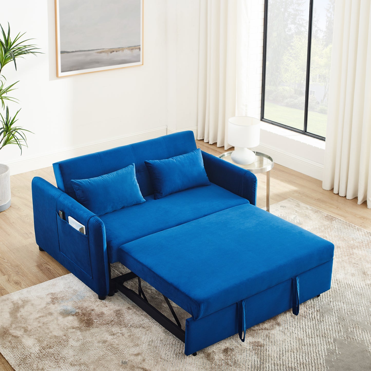 Convertible Sofa Bed, 3-in-1 Versatile Velvet Double Sofa with Pullout Bed, Seat with Adjustable Backrest, Lumbar Pillows, and Living Room Side Pockets, 54 Inch, Blue