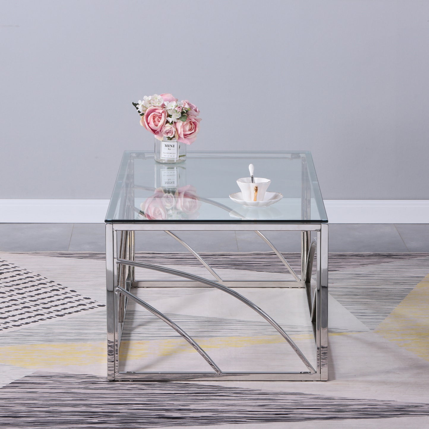 Modern Silver Stainless Steel Glass Coffee Table for Living Room